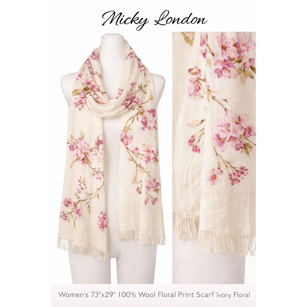 Micky London Womens 100% Wool Floral Print Scarf Ivory Pink Cherry Blossom 73x29